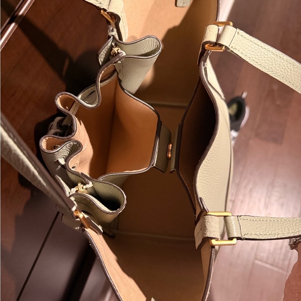 Tory Burch McGraw Dragonfly Sage Green Leather Drawstring Shoulder Tote - Picture 8 of 10